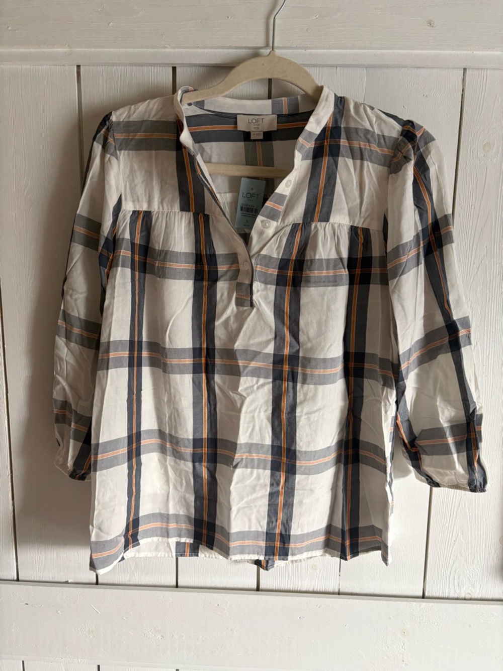 LOFT Cream Blouse with Navy and Mustard Stripe Plaid
